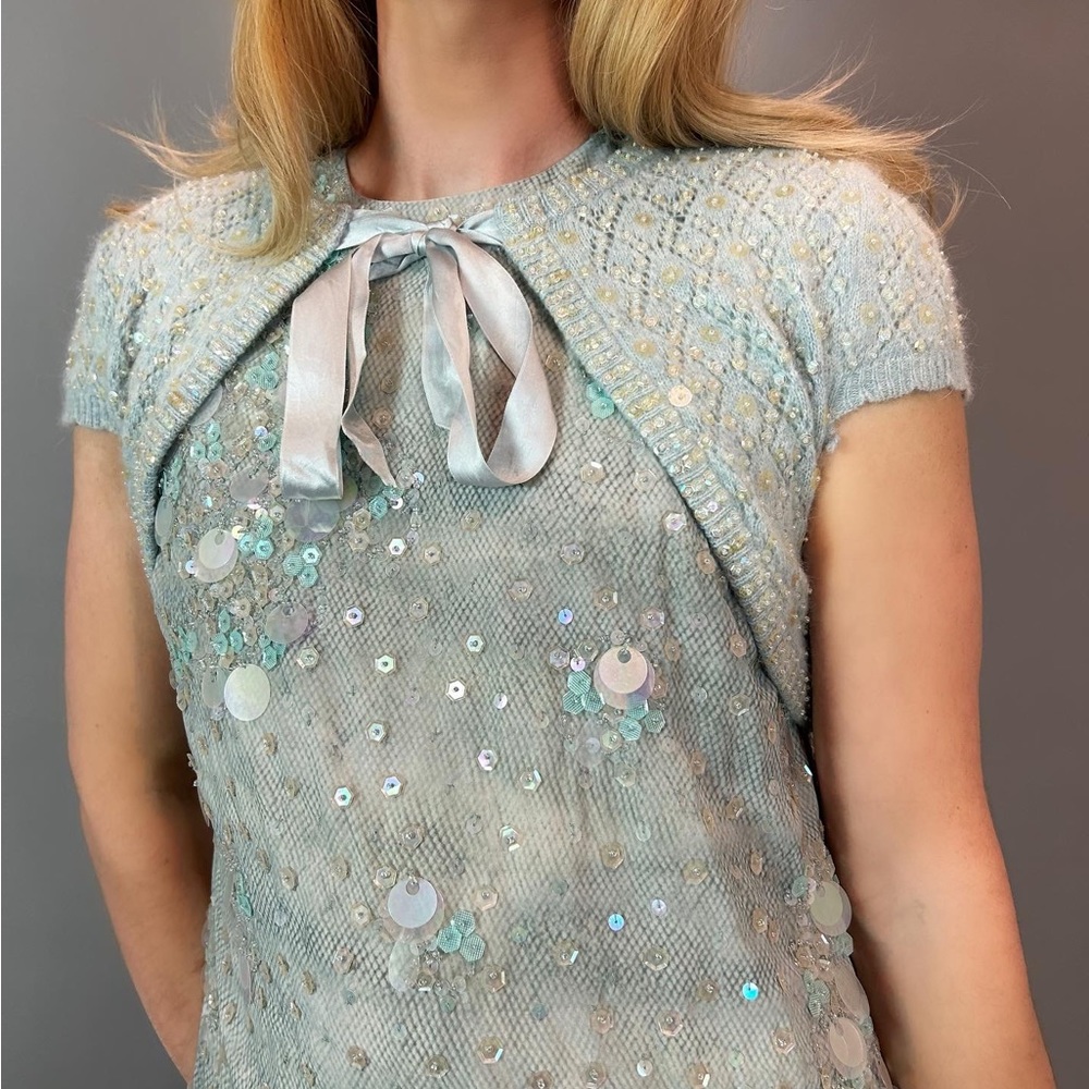 Vintage Early y2K Nanette Lepore Snowflake Blue Sequin Wool & Angora Cardigan